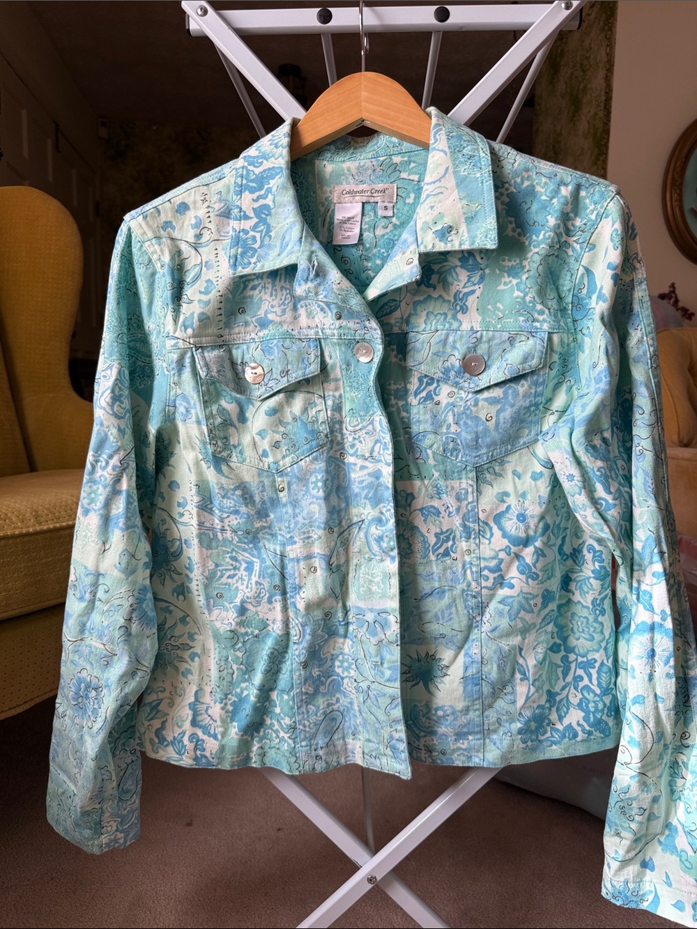 Coldwater Creek Mint and Aqua Floral Patchwork Jacket